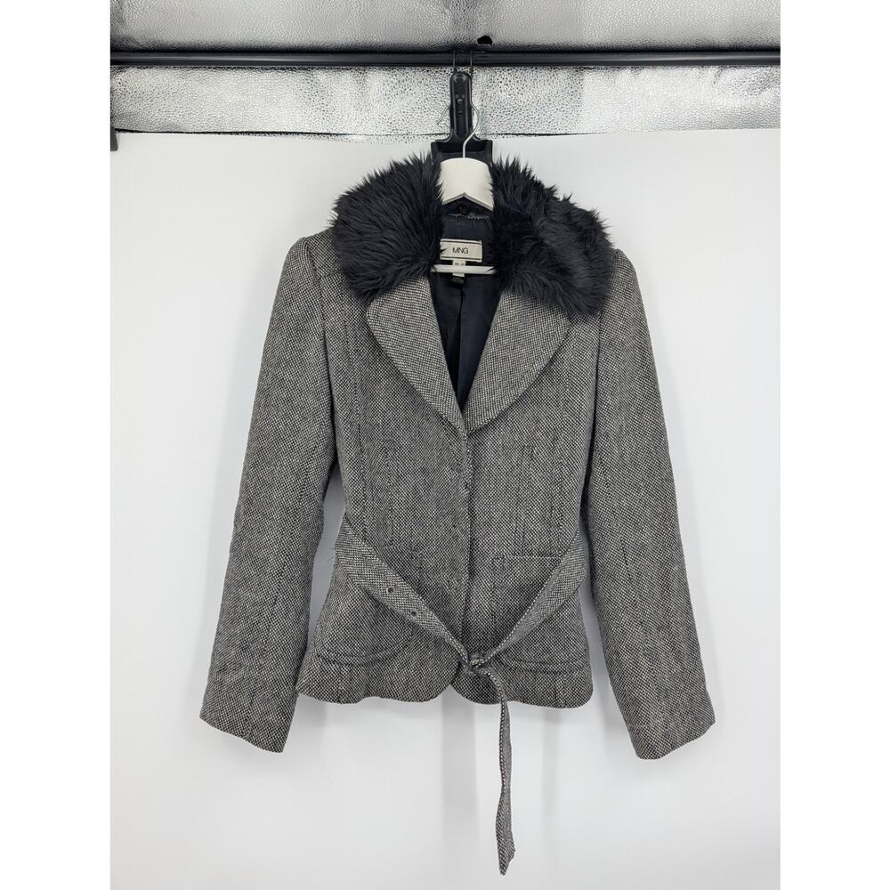 Vintage MNG Tweed Button Faux Fur Belted Jacket 4 Career Office Closet Staple **